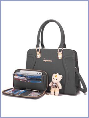 Synthetic Leather Satchel Handbag and Wallet Set 2pcs